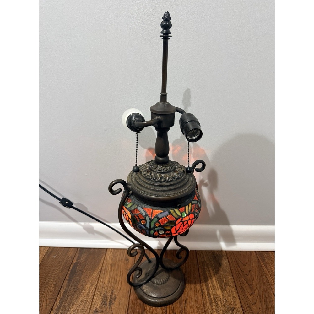 Tiffany Style Table Lamp Stained Glass Rose Flowers Scroll Bulb BASE ONLY WORKS